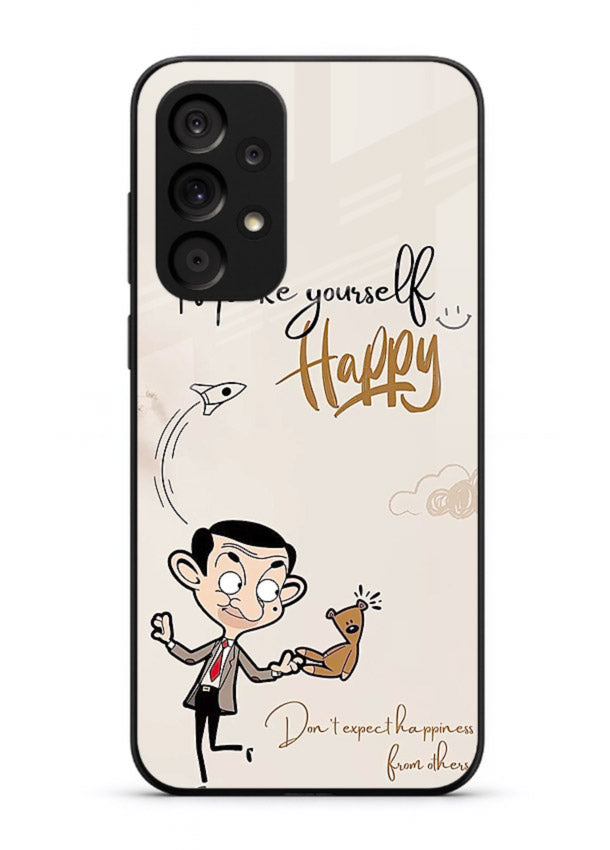 Playful character design printed on Samsung A73 5G glass back cover with bright uplifting tones.