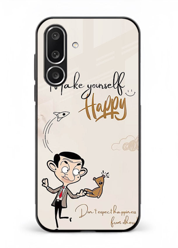 Playful character design printed on Samsung F56 5G glass back cover with bright uplifting tones.