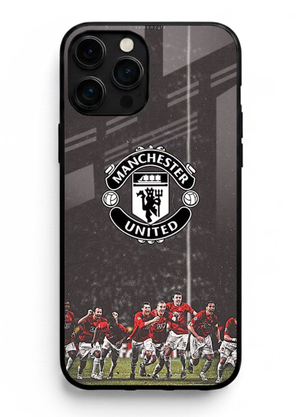 Football emblem design printed on tempered glass iPhone 13 Pro Max back cover