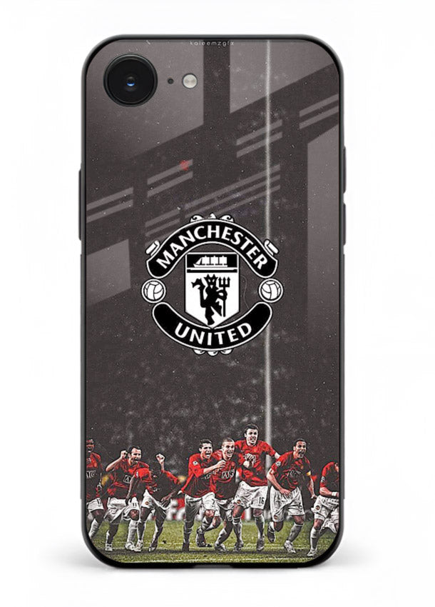 Football emblem design printed on tempered glass iPhone 16E back cover