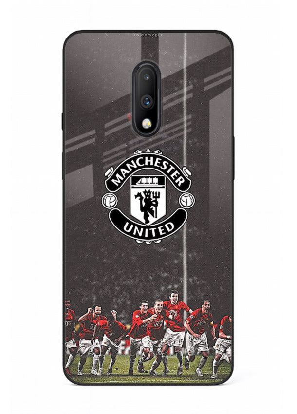 Football emblem design printed on tempered glass OnePlus 7 back cover