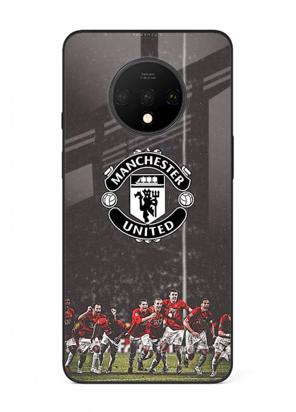 Football emblem design printed on tempered glass OnePlus 7T back cover