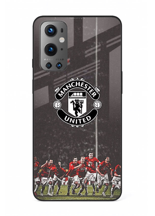 Football emblem design printed on tempered glass OnePlus 9 back cover