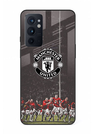 Football emblem design printed on tempered glass OnePlus 9RT back cover