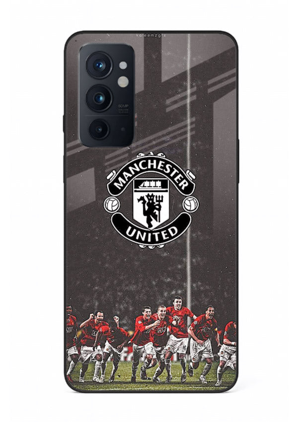 Football emblem design printed on tempered glass OnePlus 9RT back cover