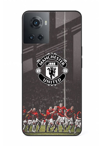Football emblem design printed on tempered glass OnePlus 10R back cover