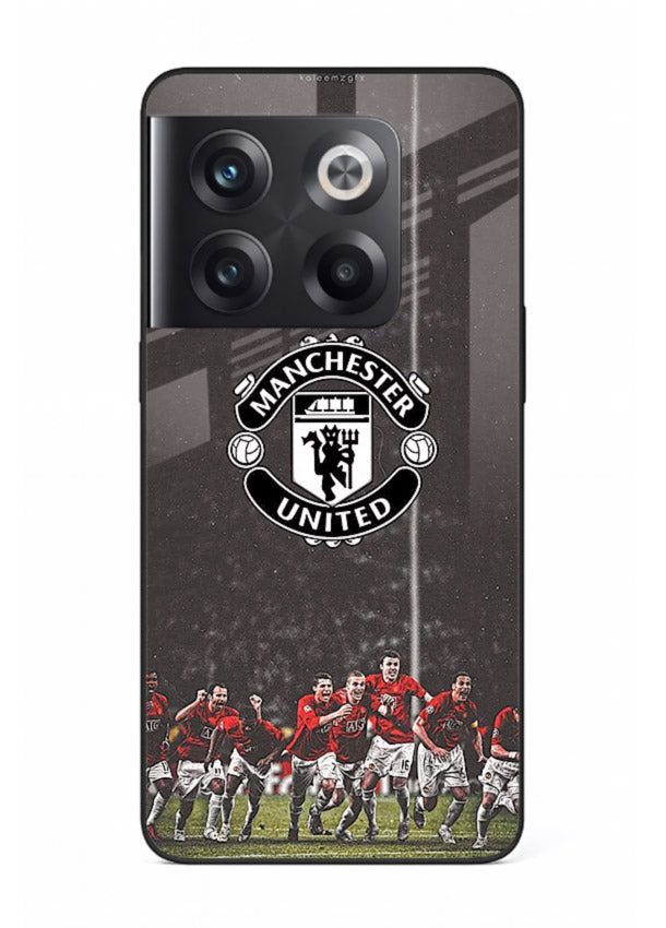 Football emblem design printed on tempered glass OnePlus 10T back cover