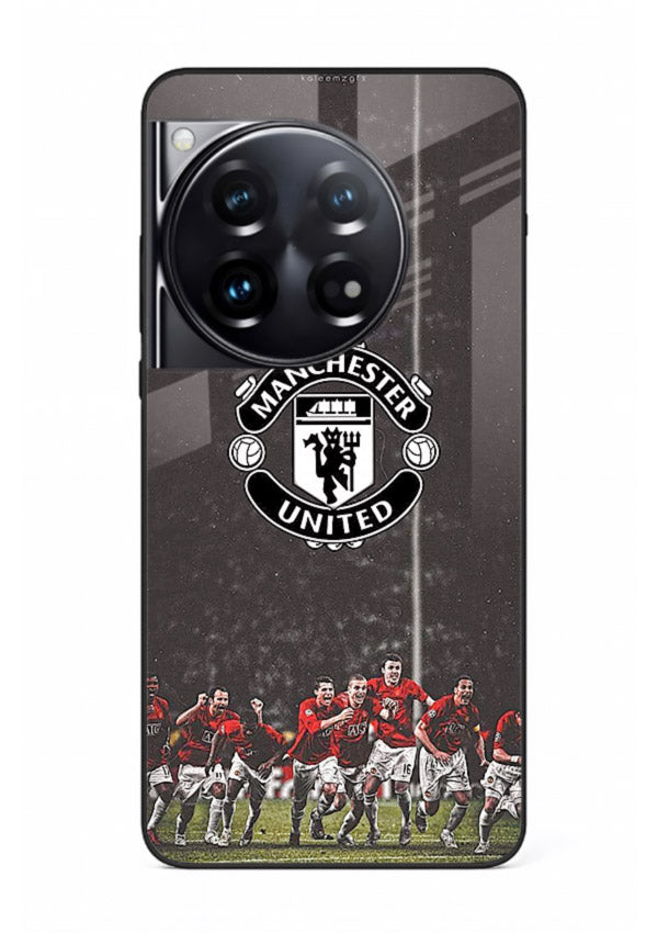 Football emblem design printed on tempered glass OnePlus 12 back cover