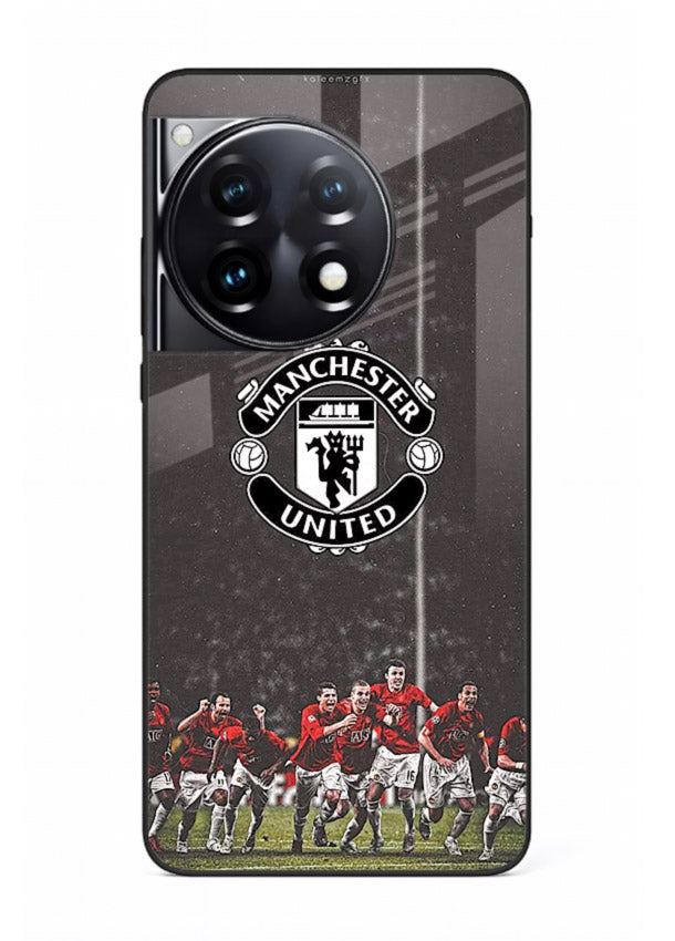 Football emblem design printed on tempered glass OnePlus 12R back cover