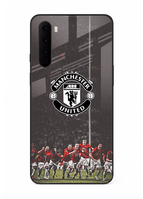Football emblem design printed on tempered glass OnePlus Nord back cover
