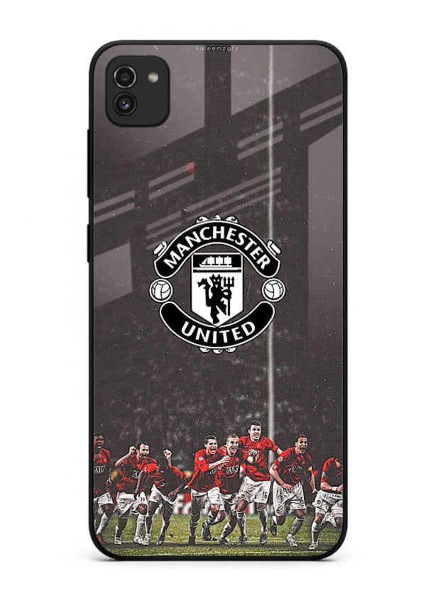 Football emblem design printed on tempered glass Samsung A03 back cover