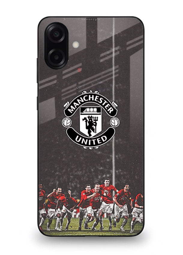 Football emblem design printed on tempered glass Samsung M13 5G back cover