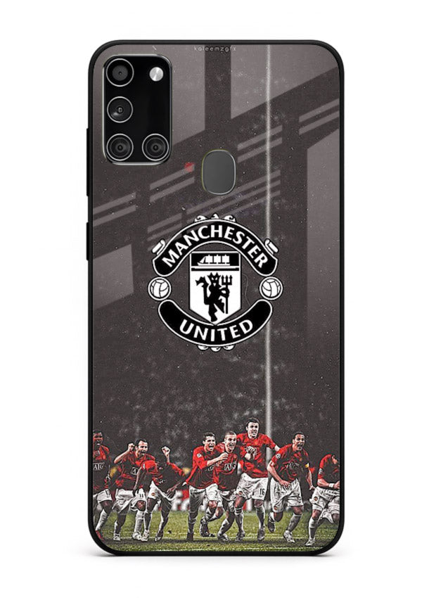 Football emblem design printed on tempered glass Samsung A21s back cover