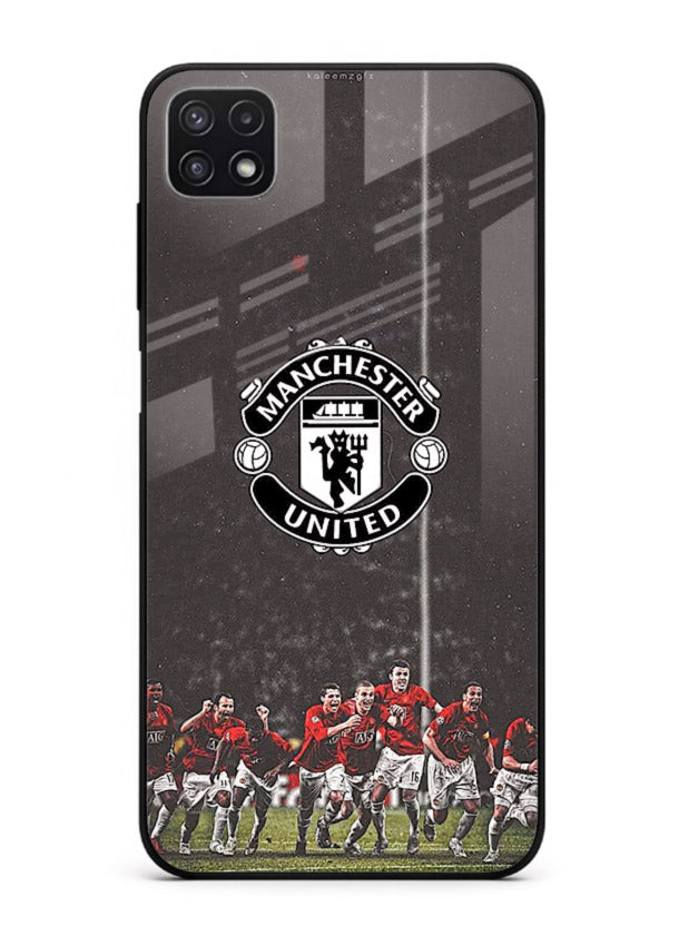 Football emblem design printed on tempered glass Samsung F42 5G back cover