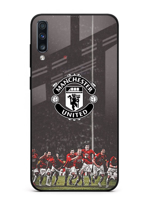 Football emblem design printed on tempered glass Samsung A70 back cover