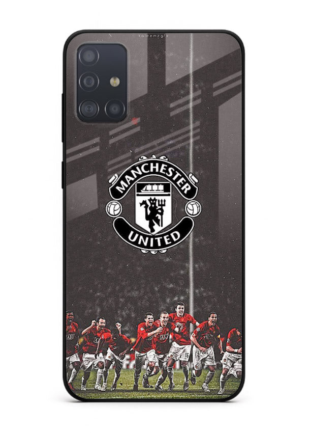 Football emblem design printed on tempered glass Samsung A71 back cover
