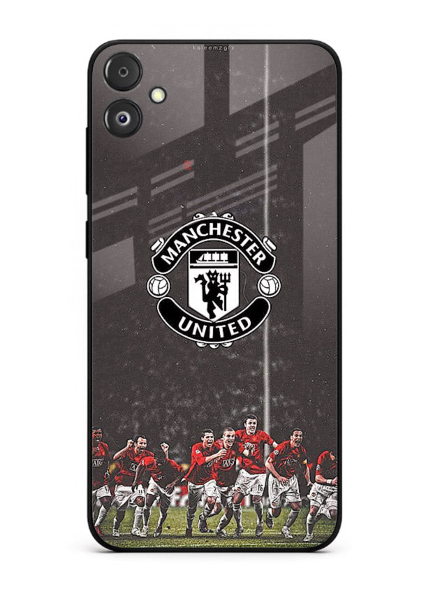 Football emblem design printed on tempered glass Samsung F05 5G back cover