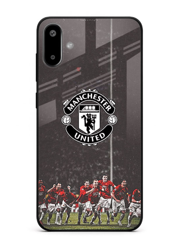 Football emblem design printed on tempered glass Samsung F06 5G back cover