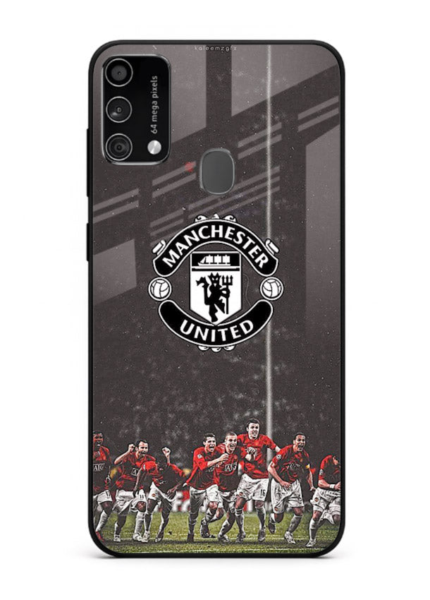 Football emblem design printed on tempered glass Samsung F41 back cover