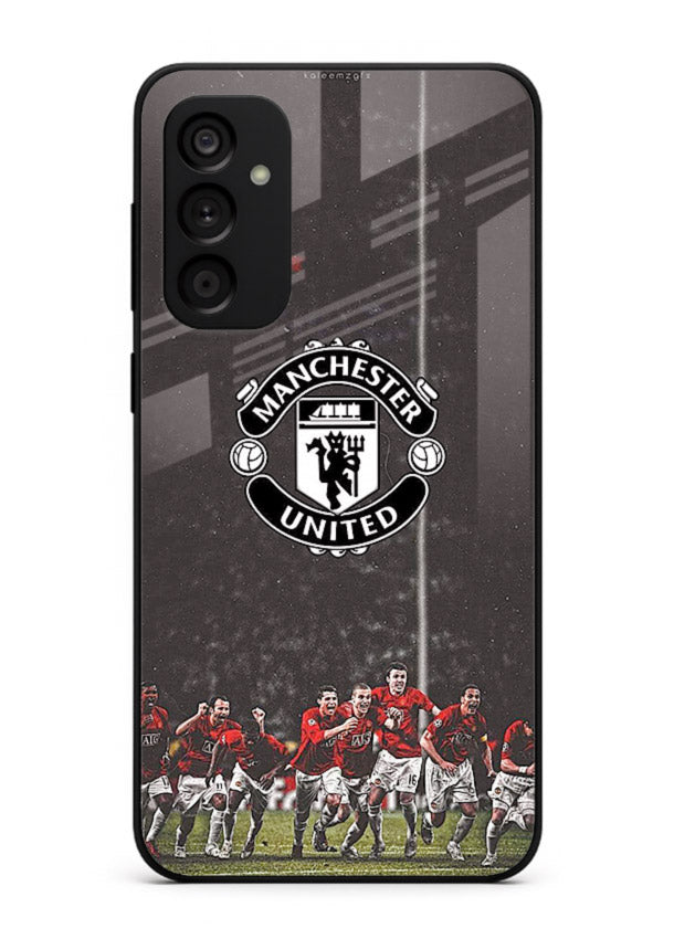 Football emblem design printed on tempered glass Samsung F34 5G back cover