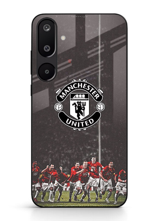 Football emblem design printed on tempered glass Samsung M16 5G back cover