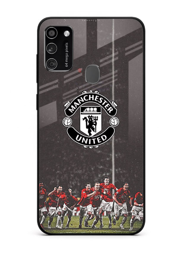 Football emblem design printed on tempered glass Samsung M30s back cover