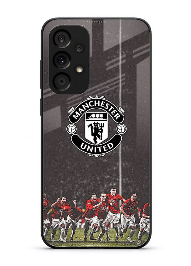 Football emblem design printed on tempered glass Samsung M32 5G back cover