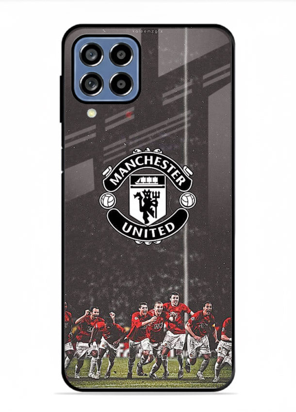 Football emblem design printed on tempered glass Samsung M53 5G back cover