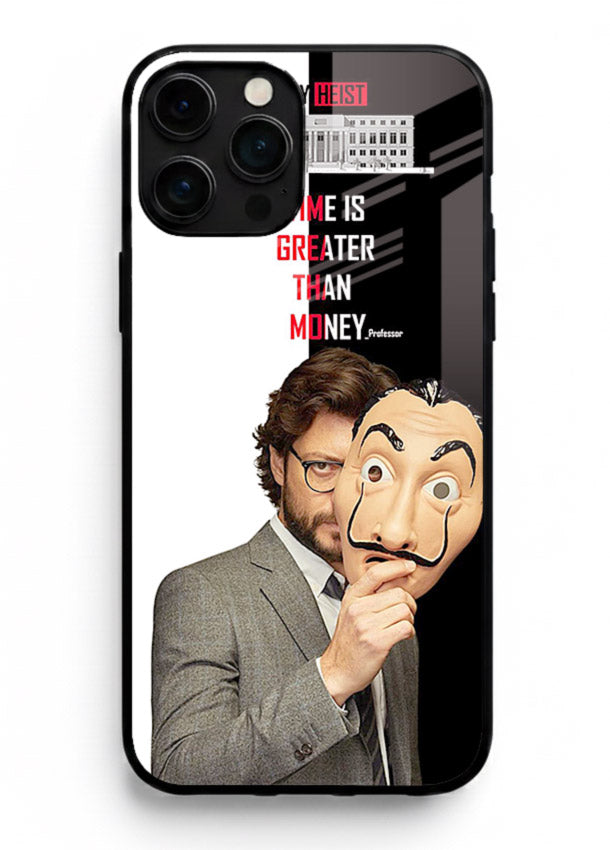 Masked character artwork printed on glossy tempered glass iPhone 13 Pro Max back cover