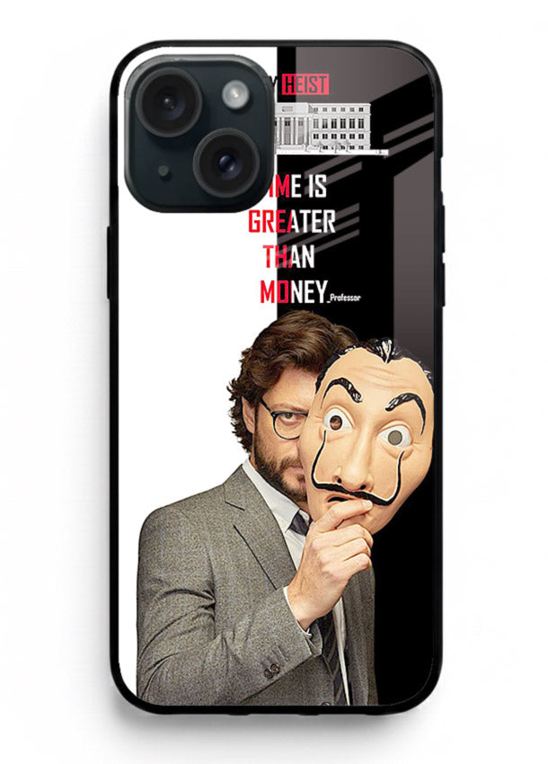 Masked character artwork printed on glossy tempered glass iPhone 13 back cover