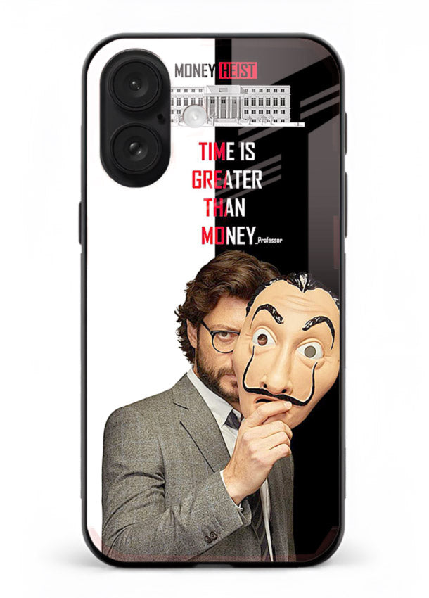Masked character artwork printed on glossy tempered glass iPhone 18 back cover
