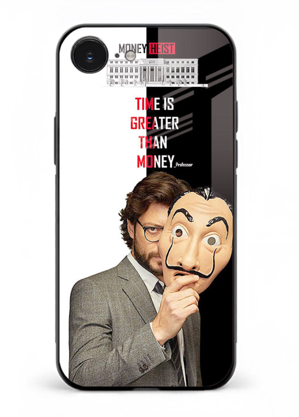 Masked character artwork printed on glossy tempered glass iPhone 16E back cover