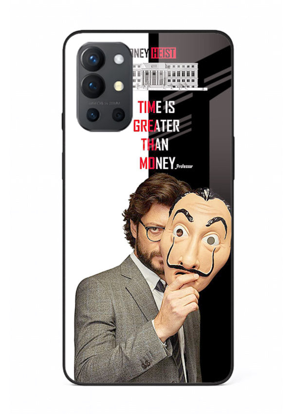 Masked character artwork printed on glossy tempered glass OnePlus 9R back cover