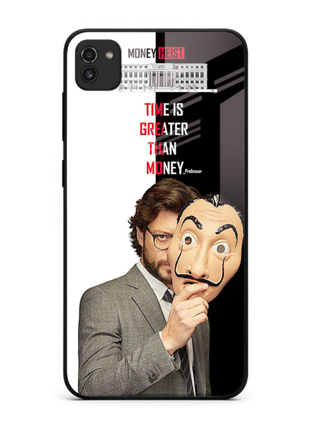 Masked character artwork printed on glossy tempered glass Samsung A03 back cover