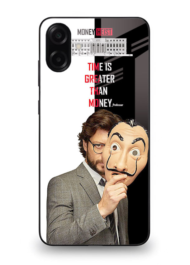 Masked character artwork printed on glossy tempered glass Samsung A06 5G back cover
