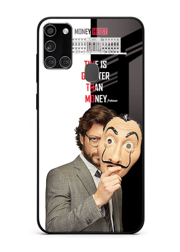 Masked character artwork printed on glossy tempered glass Samsung A21s back cover