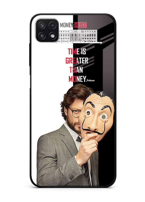 Masked character artwork printed on glossy tempered glass Samsung A22 5G back cover