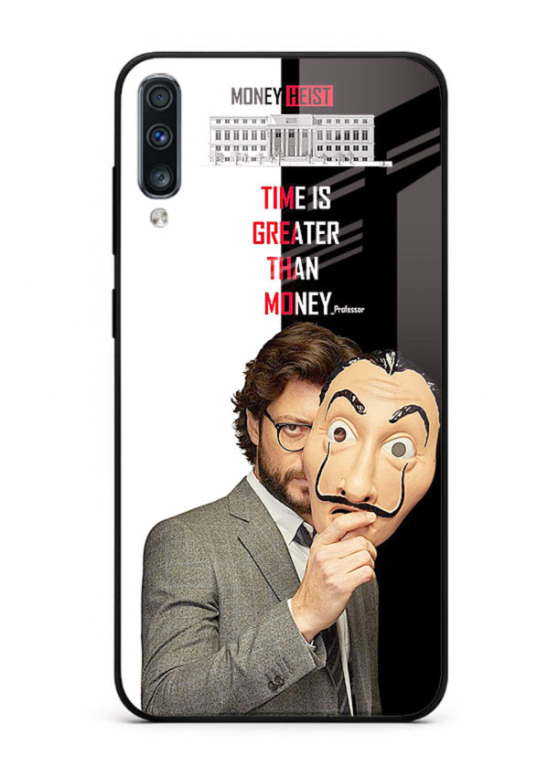 Masked character artwork printed on glossy tempered glass Samsung A70 back cover