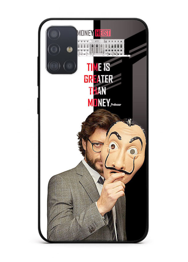 Masked character artwork printed on glossy tempered glass Samsung A71 back cover