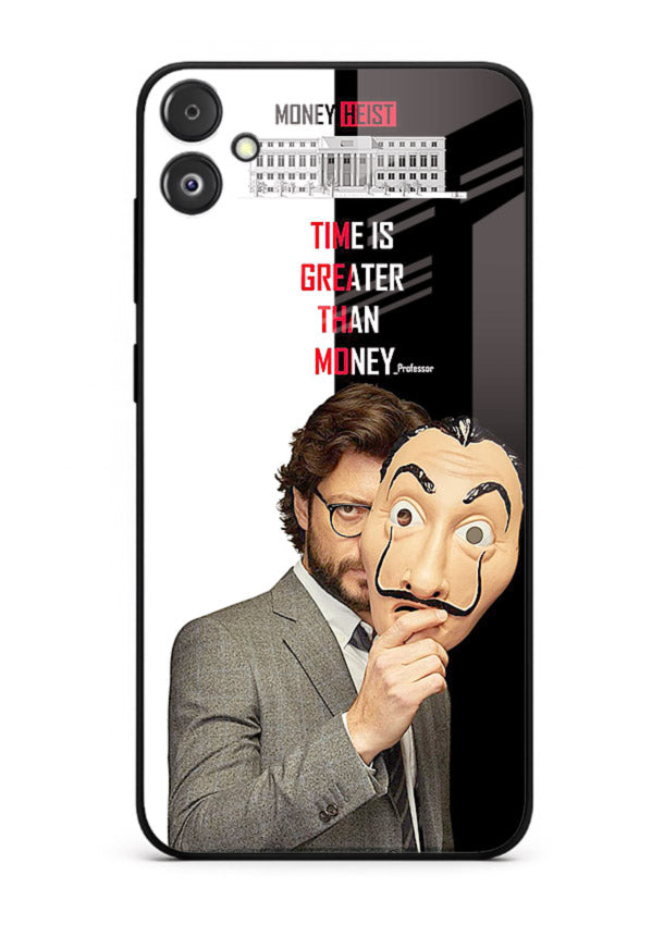 Masked character artwork printed on glossy tempered glass Samsung F14 5G back cover
