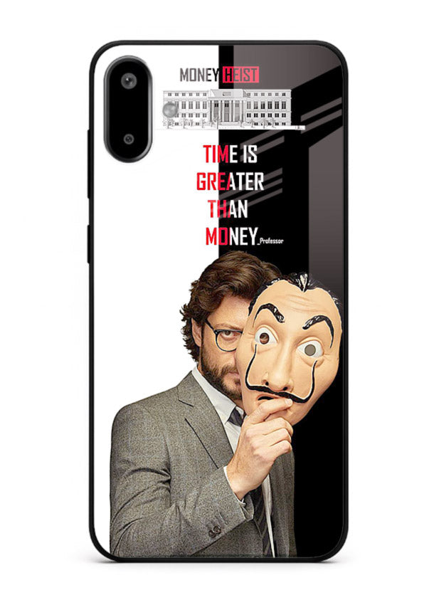 Masked character artwork printed on glossy tempered glass Samsung F06 5G back cover