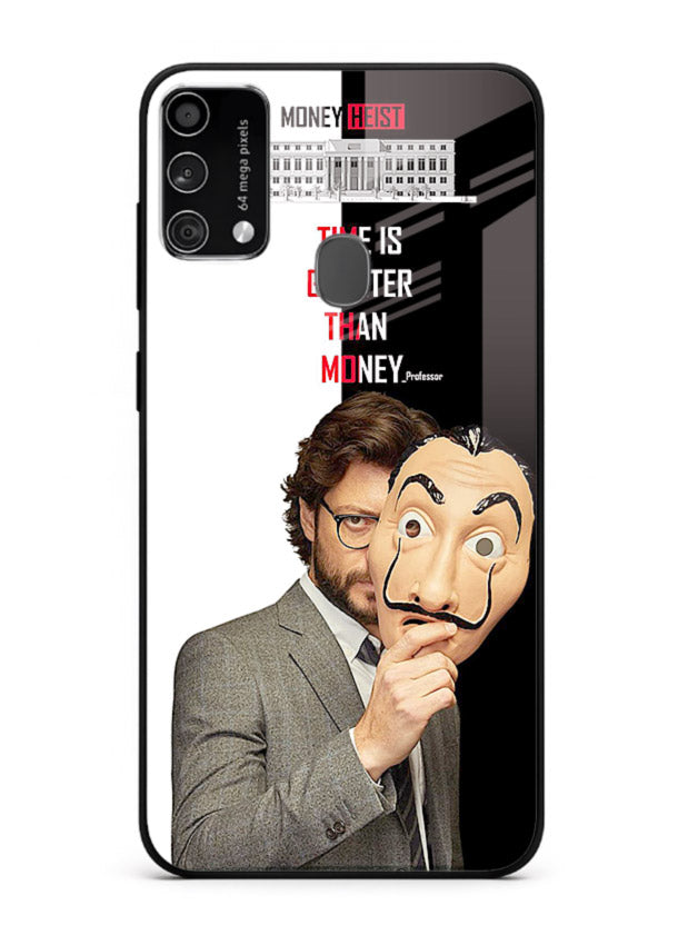 Masked character artwork printed on glossy tempered glass Samsung F41 back cover