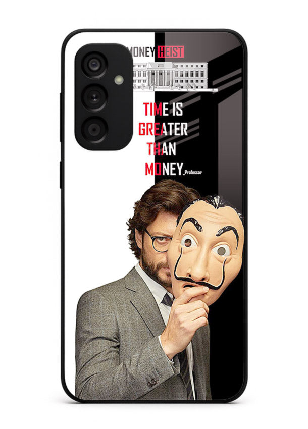 Masked character artwork printed on glossy tempered glass Samsung A04s 5G back cover