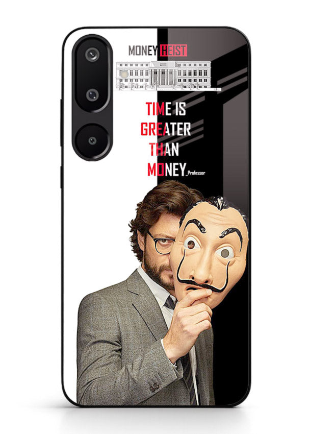 Masked character artwork printed on glossy tempered glass Samsung M16 5G back cover