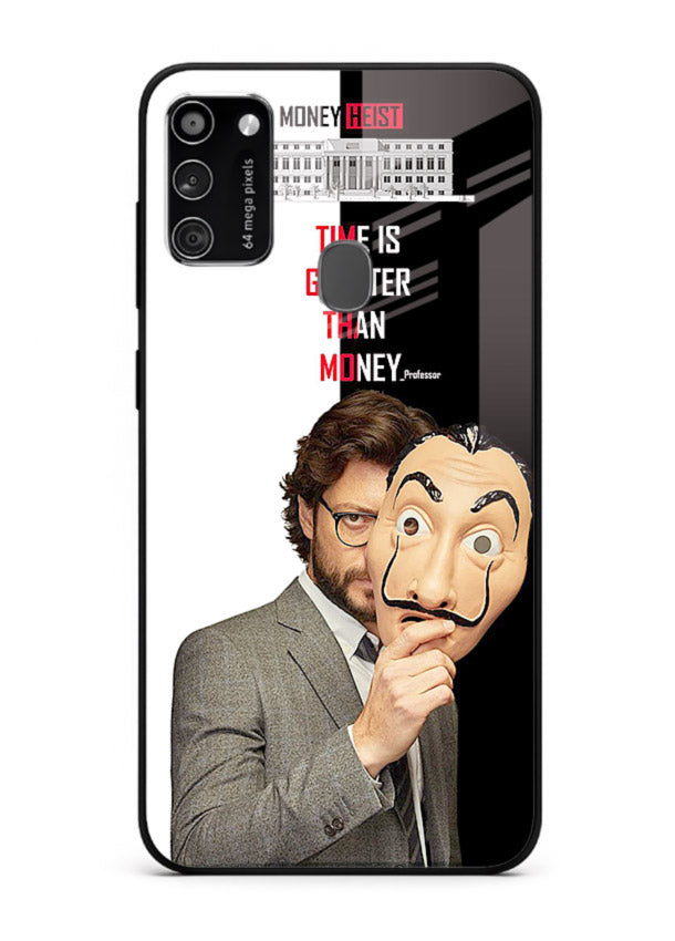 Masked character artwork printed on glossy tempered glass Samsung M30s back cover