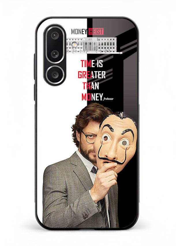 Masked character artwork printed on glossy tempered glass Samsung F56 5G back cover