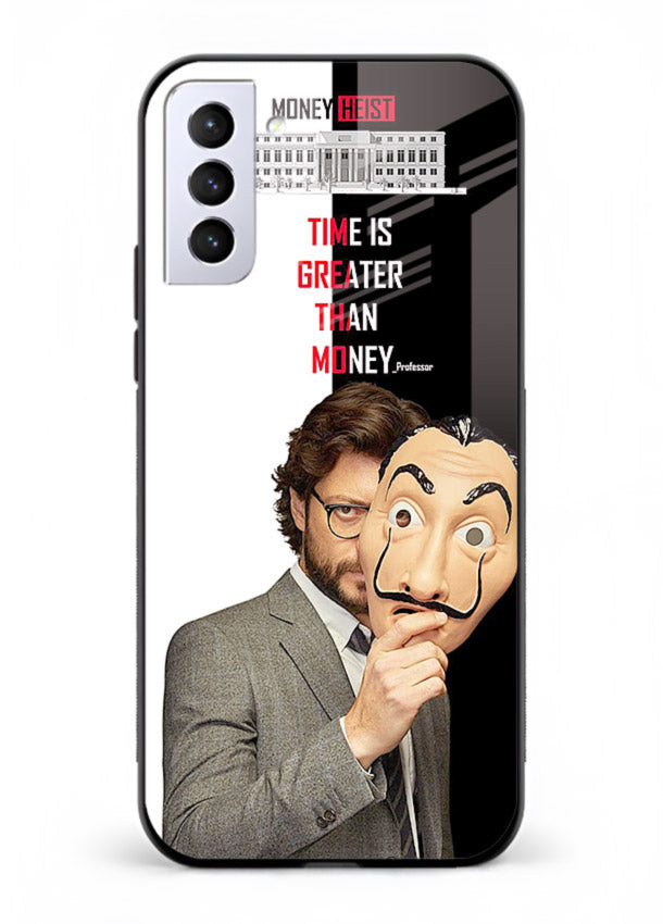 Masked character artwork printed on glossy tempered glass Samsung S21 Plus back cover