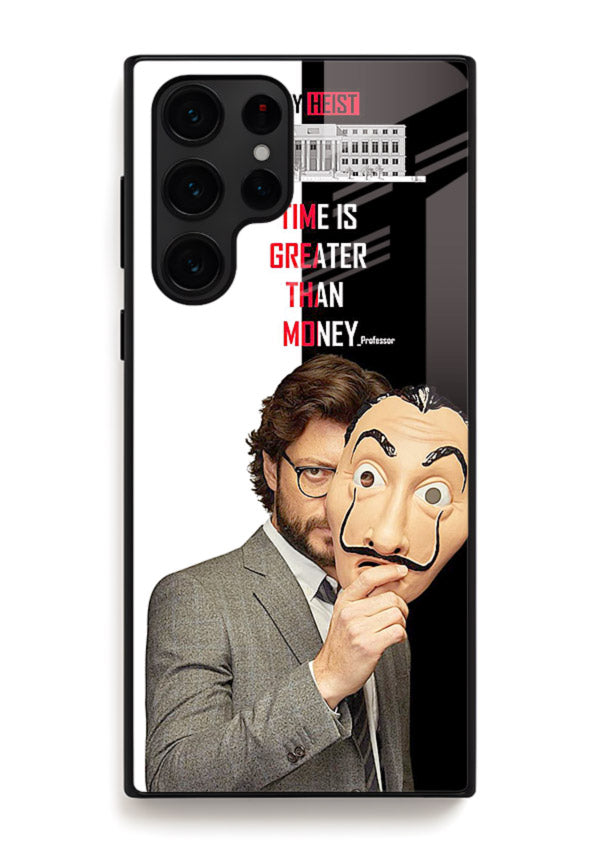 Masked character artwork printed on glossy tempered glass Samsung S22 Ultra back cover