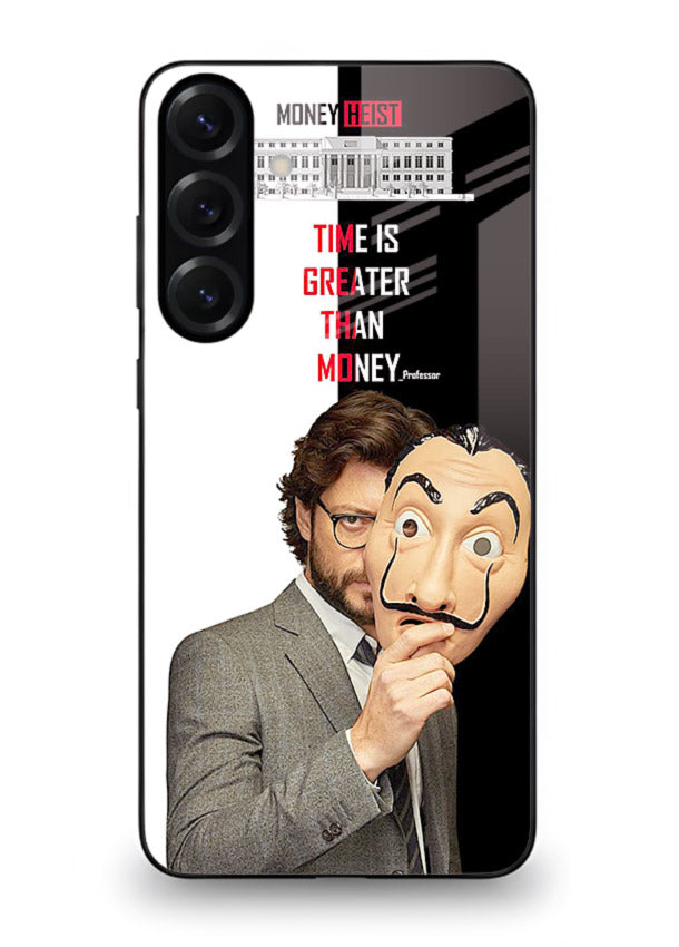 Masked character artwork printed on glossy tempered glass Samsung A35 5G back cover