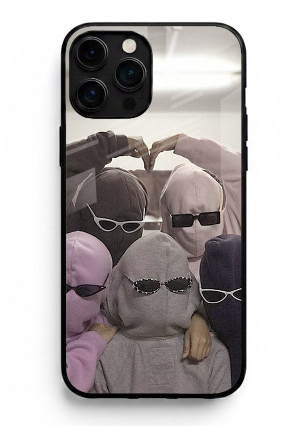 Masked trio artwork printed on premium tempered glass iPhone 12 Pro Max back cover